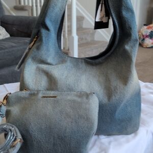 Steve Madden Denim-Look Blue Hobo Bag with Matching Pouch